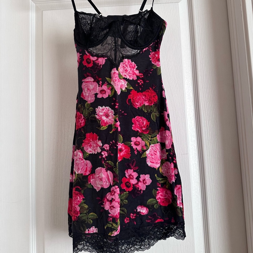 Victoria's Secret black and pink floral babydoll slip